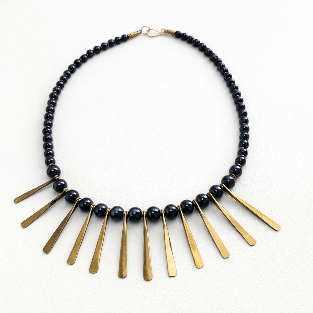 SERRV Fair Trade Black Glass Bead Necklace Brass Fringe Kenya Handmade Statement
